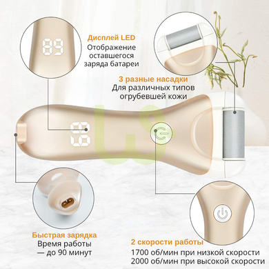 Електрична пилка-пемза для п'яток з LCD дисплеєм та насадками Золота