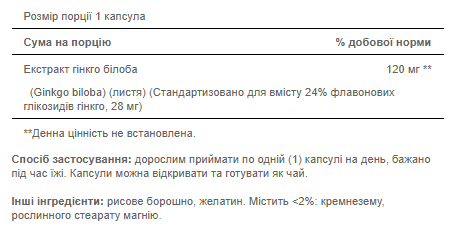 Екстракт гінкго білоба Puritans Pride Ginkgo Biloba 120 мг 100 капсул