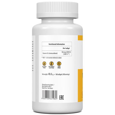 Вітамін D3 VPLab Vitamin D3 2000 UI 180 капсул