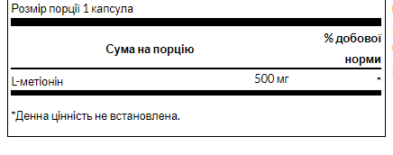 Амінокислота L-метіонін Swanson L-Melathionine 500 мг 30 капсул